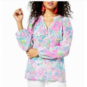 Lilly Pulitzer ELSA 100% Silk Top Flock Full of Fun Pink Blue Blouse size Medium